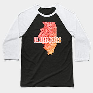 Colorful mandala art map of Illinois with text in red and orange Baseball T-Shirt